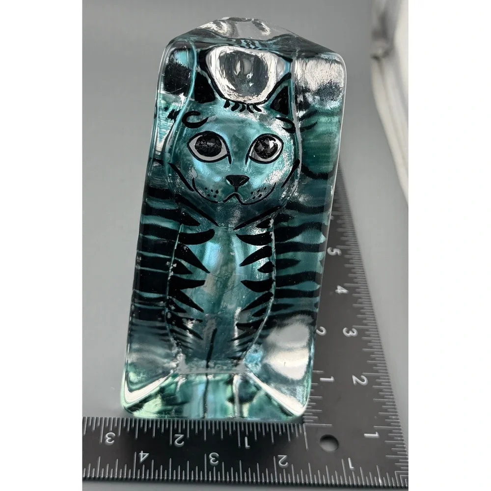 Vintage Paperweight Cat Kriff Design Art Glass Blue Hand Painted 6